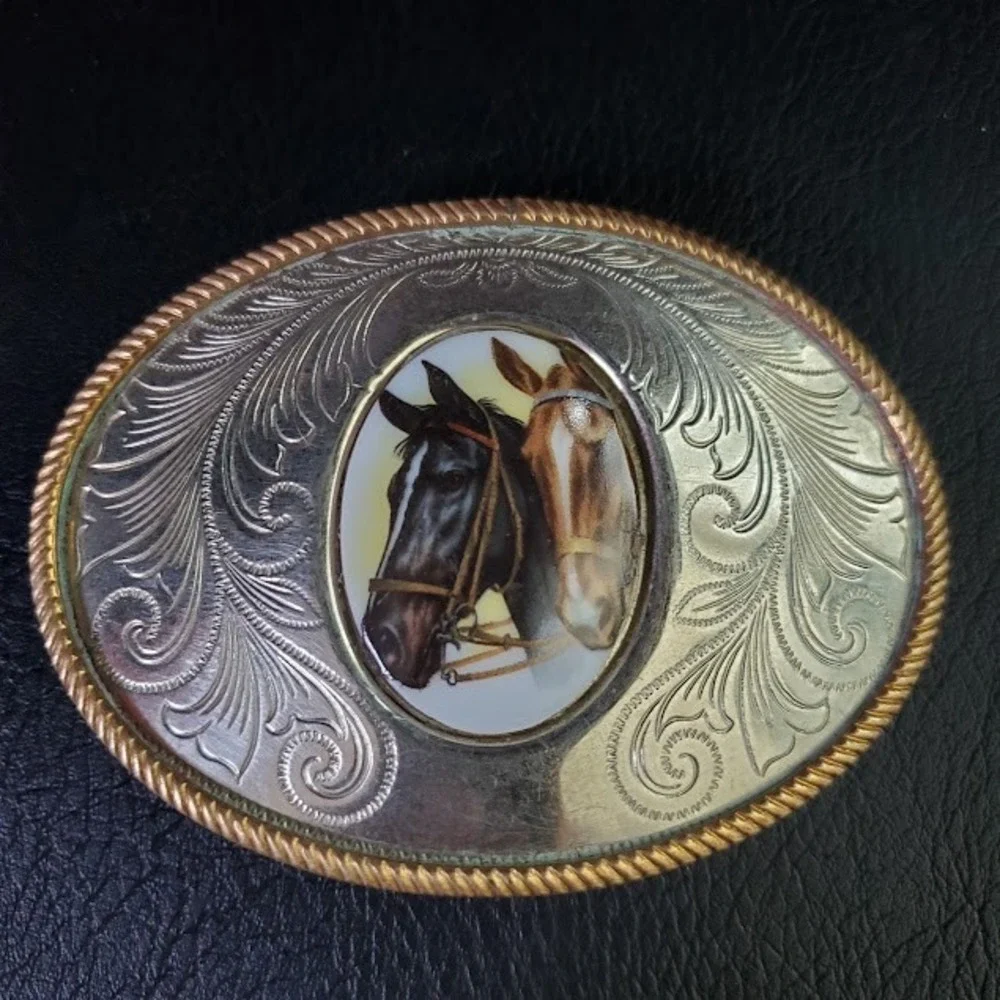 Vintage German Silver Oval Belt Buckle Western Horse Portrait Scroll Engraved